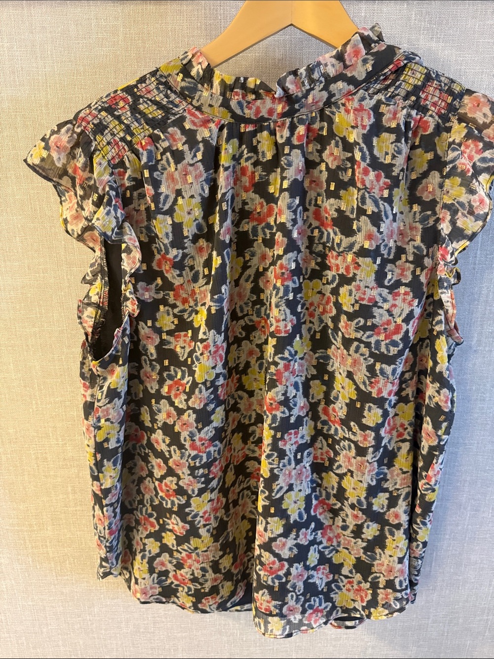 LOFT Black Floral Ruffle Cap-Sleeve Blouse